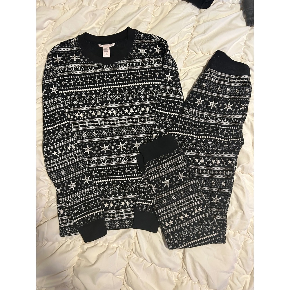 Victorias Secret Pajama Set M Black White Fair Isle Holiday Thermal 2 Piece